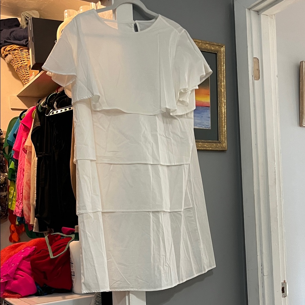 White Cotton Tiered Flutter Sleeve Dress